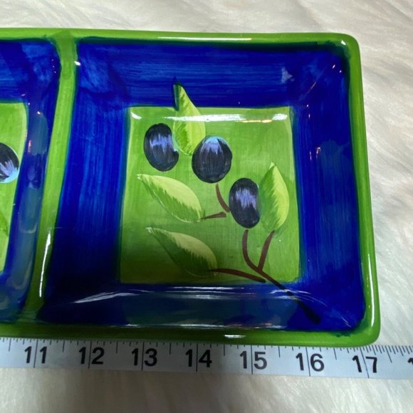 214 West Rectangle Relish Dish Stunning Green And Blue With Black Olive Ceramic - Picture 7 of 10